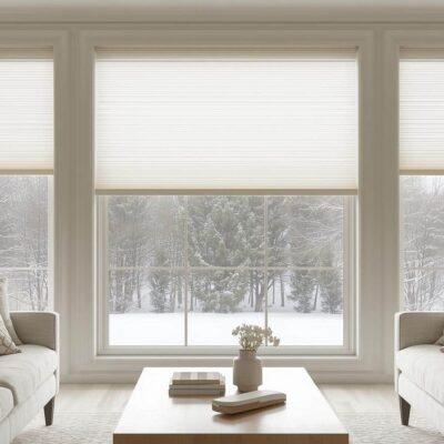 Cozy white living room with Duette Shades from Complete Blinds Brisbane, winter landscape visible through windows