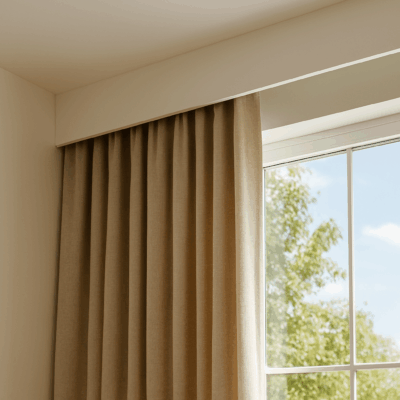 Photo of curtains by window, top part covered with curtain pelmets.