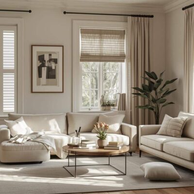 Modern living room with layered window treatments combining plantation shutters, blinds, and curtains for complete light and privacy control
