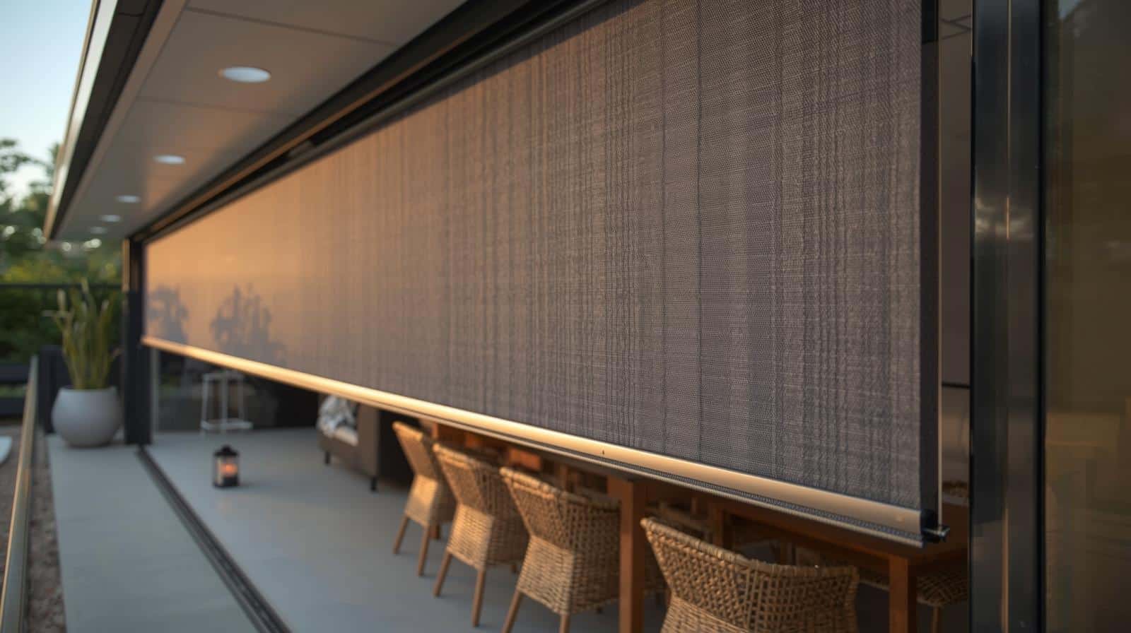 Zip‑track outdoor blind enclosing a Brisbane alfresco for wind and insect control