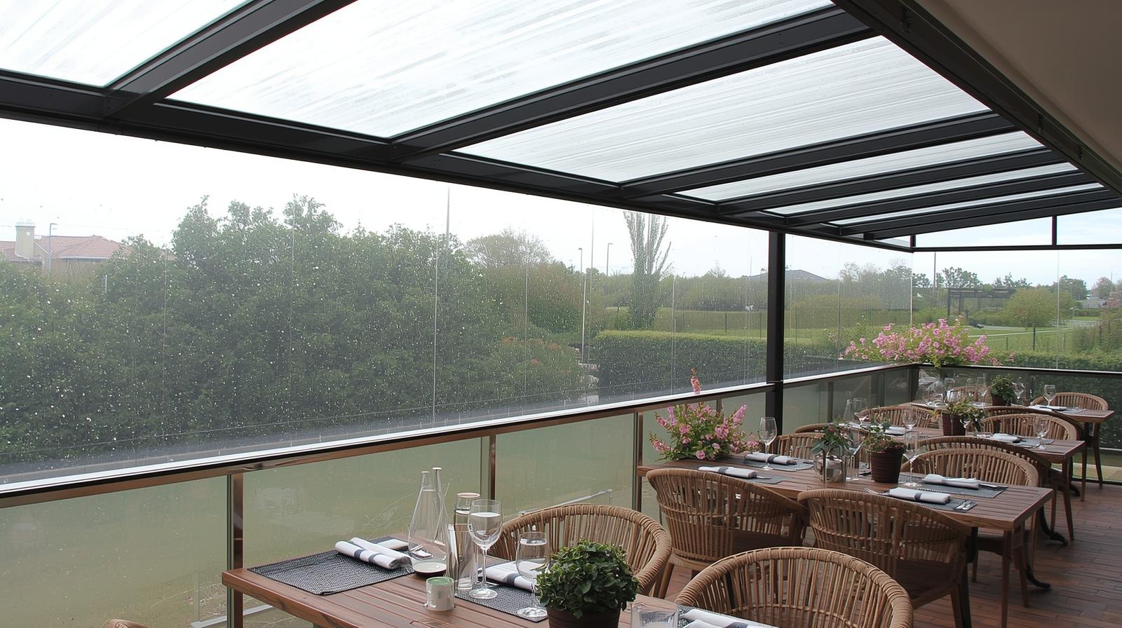 Clear PVC café blinds protecting an outdoor dining space from rain while preserving views