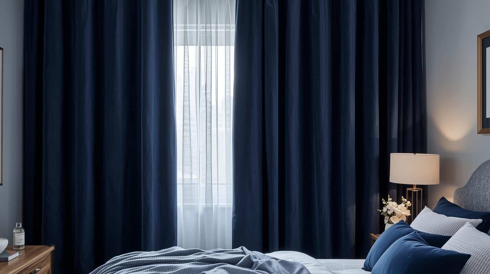 Soft blue blockout curtains in bedroom promoting relaxation and sleep