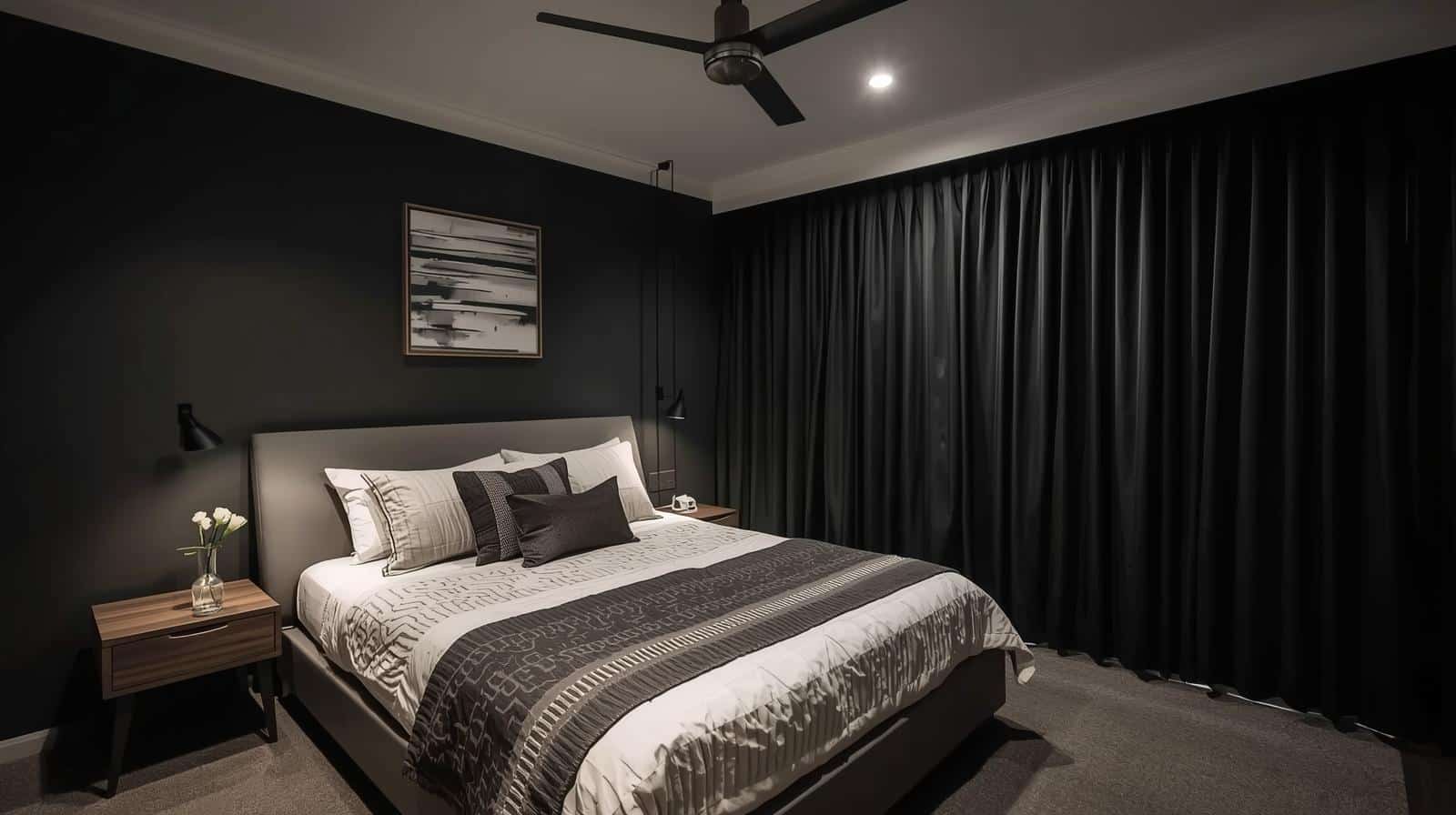 Blockout curtains creating complete darkness in a Brisbane bedroom for better sleep quality