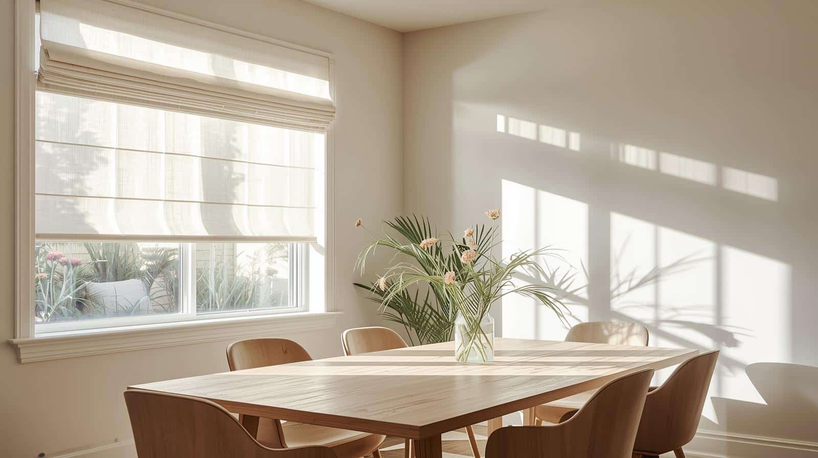 Light-filtering Roman blinds diffusing natural sunlight in Brisbane dining room