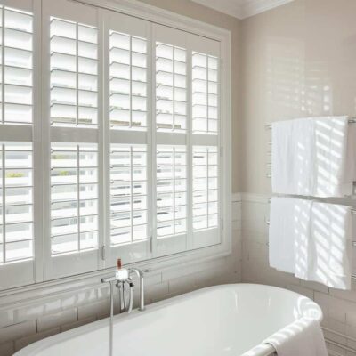 PVC plantation shutters in a Brisbane bathroom providing moisture resistance