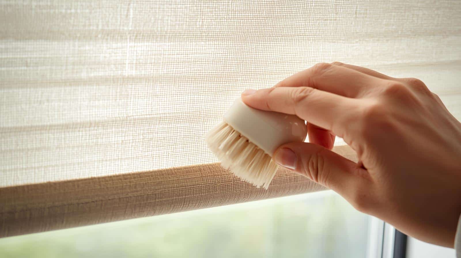Cleaning roller blind fabric with soft brush for long-lasting performance