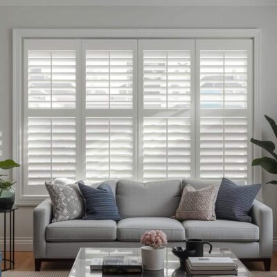 White internal plantation shutters in a bright Brisbane living room providing privacy and light control