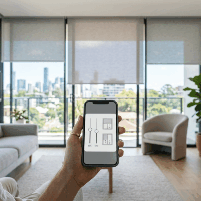 Motorised blinds in a modern Brisbane living room for easy light control