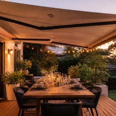 Folding arm patio awning shading an outdoor entertaining area at dusk