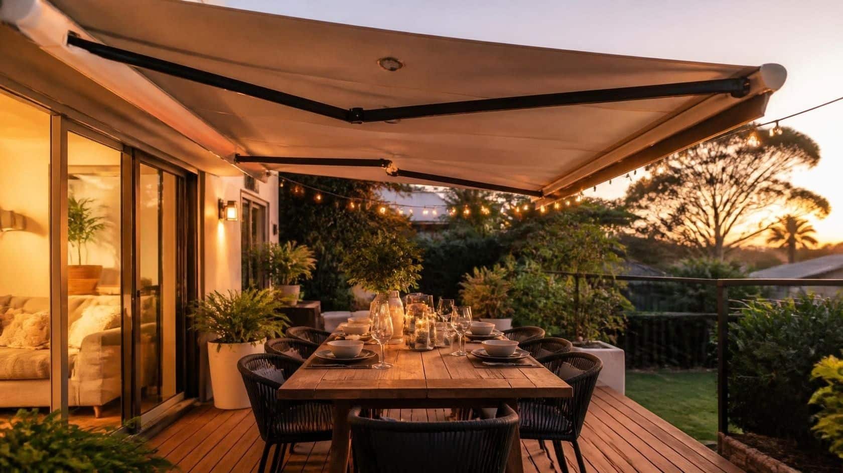 Folding arm patio awning shading an outdoor entertaining area at dusk